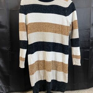 Allison Brittney Long Sleeve Striped Dress in Black, Brown, and Cream